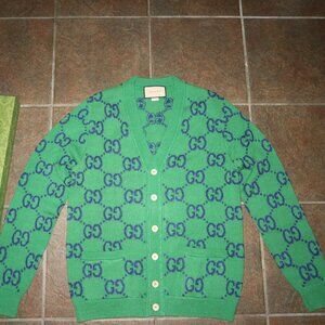 Gucci Intarsia GG Blue Green Logo Cardigan Sweater